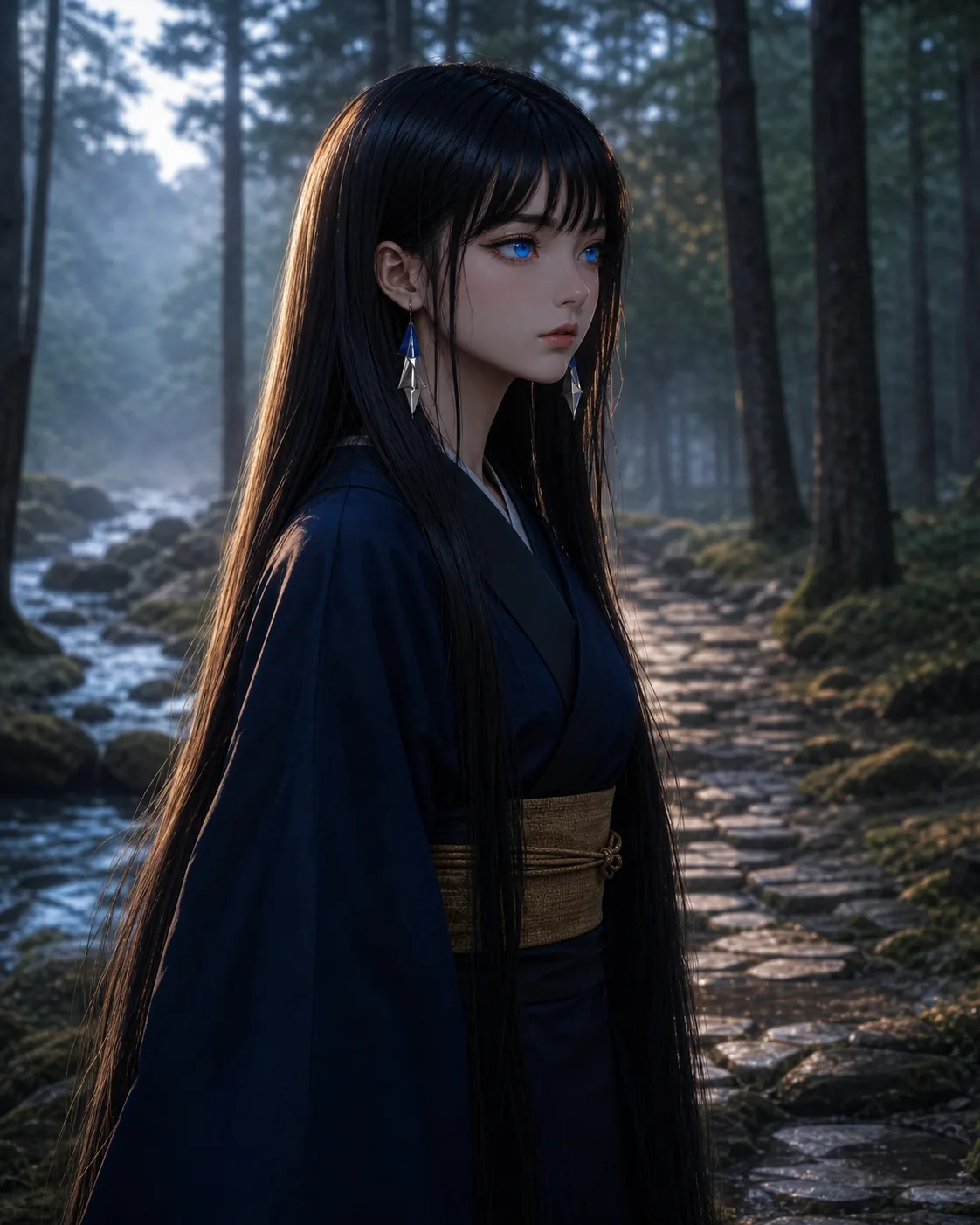 夜明けの杉林。沢の音のなかに、黒髪の旅人が立っていた。