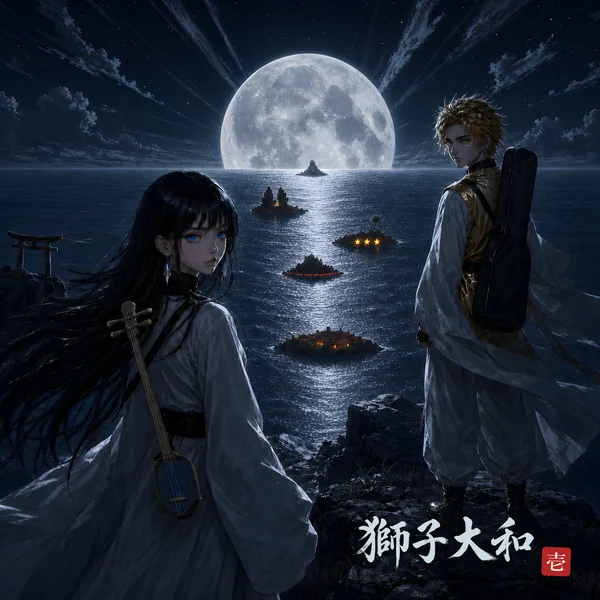 Cover of Journey 1 (JP). The same cliff and the same road of light, under a moon disc.