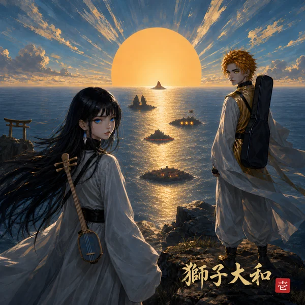 Cover of Journey 1. Two small figures stand apart on a cliff at dusk, a road of golden light lying on the water, under a sun disc.