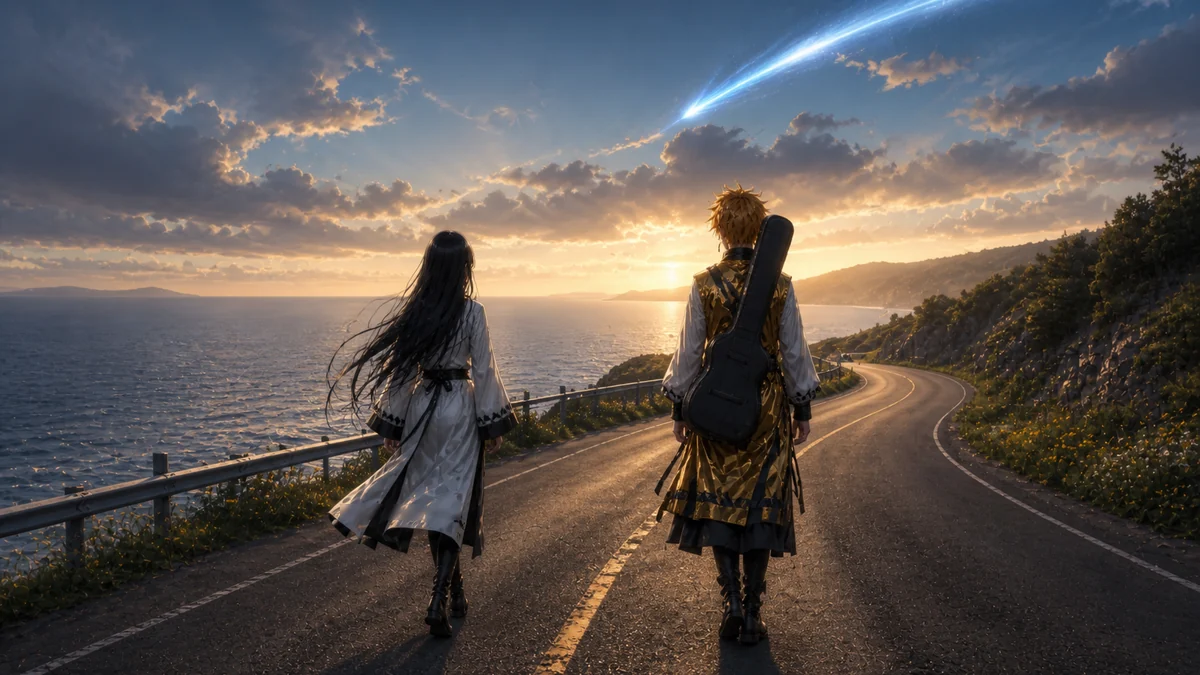 A coast road at sundown. The two turn their backs and walk on toward the next shore.