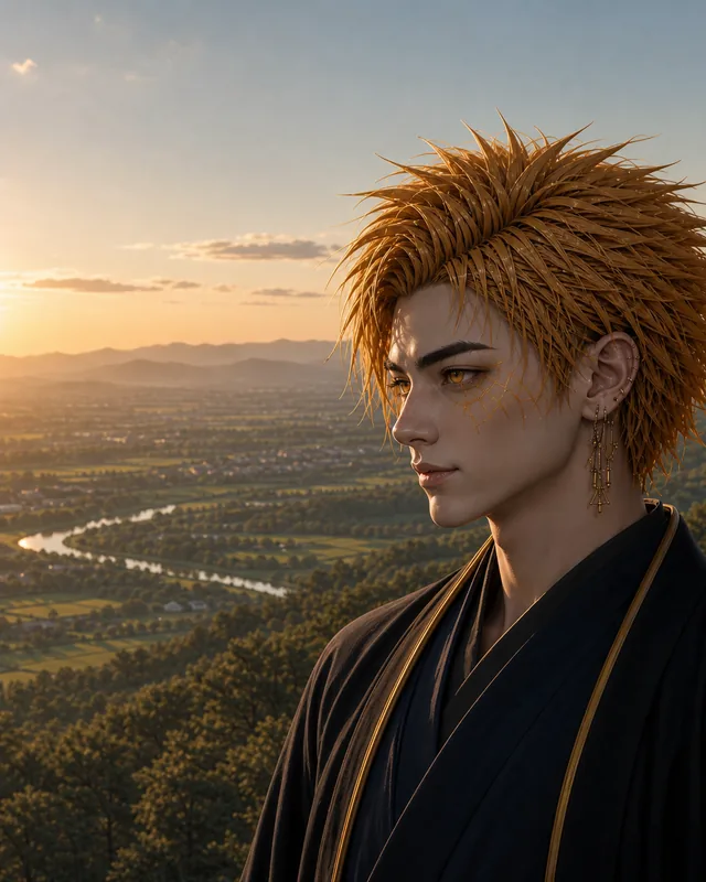 Portrait of TAKELU. A singer with an instrument on his back stands on a cliff.